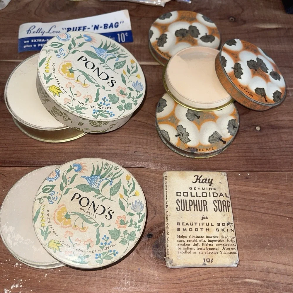 Vtg 1940s-50s Cosmetics Lot Coty Airspun Ponds Lady Esther Powder Tins Ambrosia